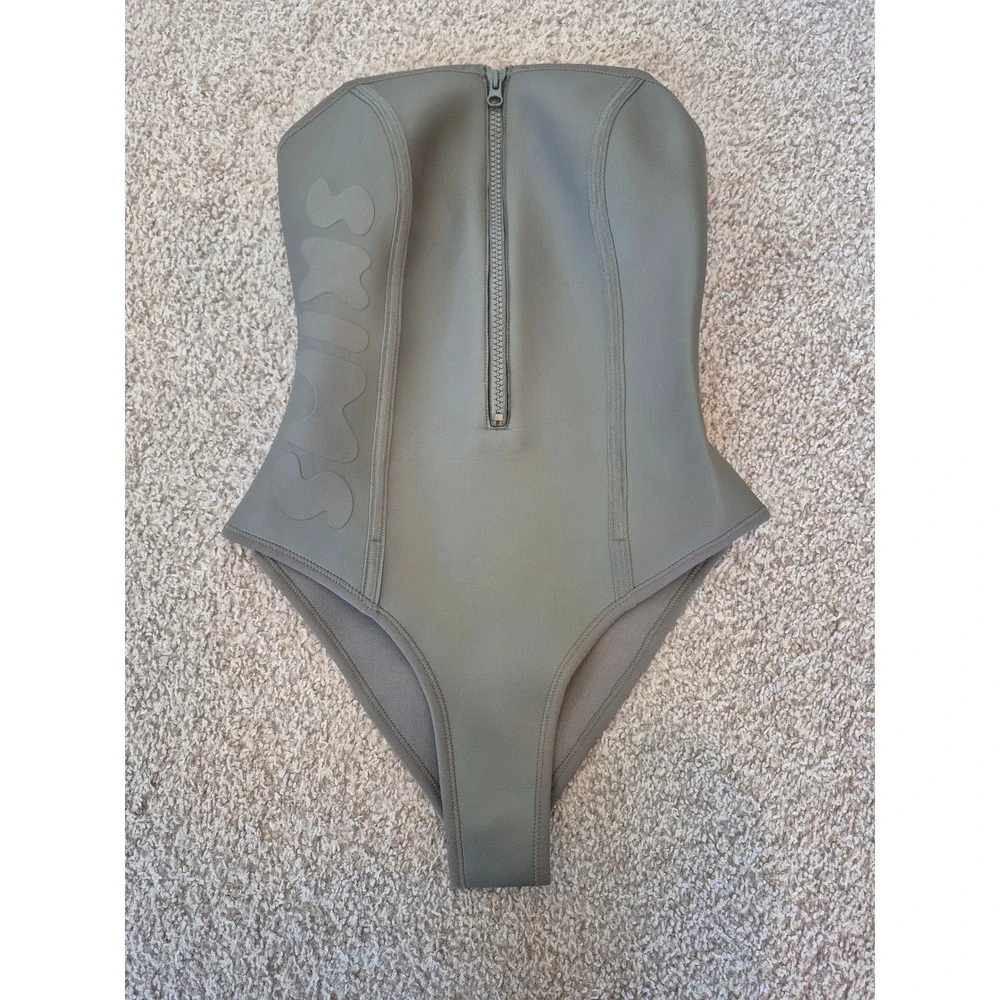SKIMS Rubberized Scuba Swim Zip FronBandeau One Piece Grey Medium